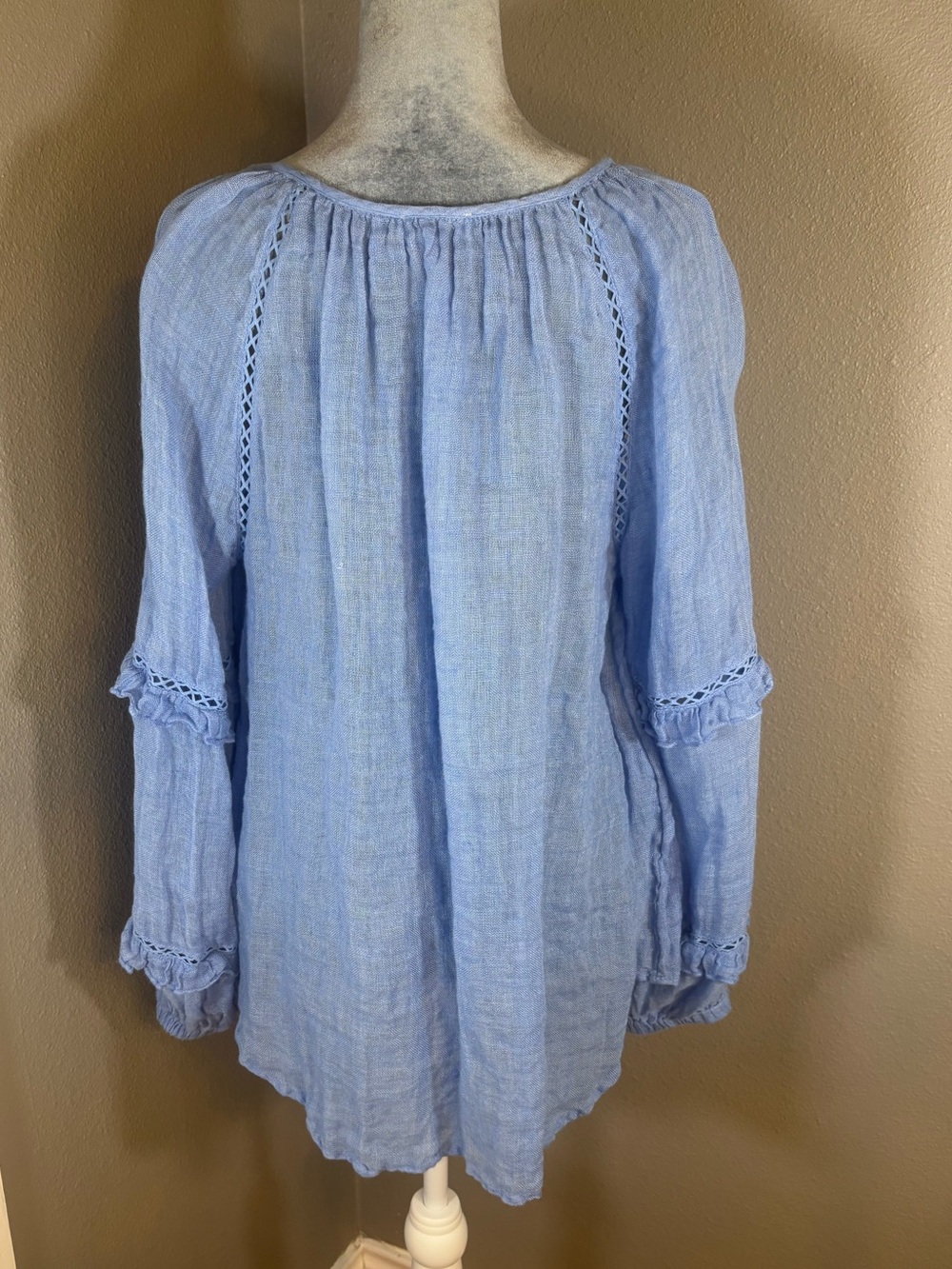 Sundance Light Blue Linen Peasant Top with Tassels Size L - Picture 4 of 11